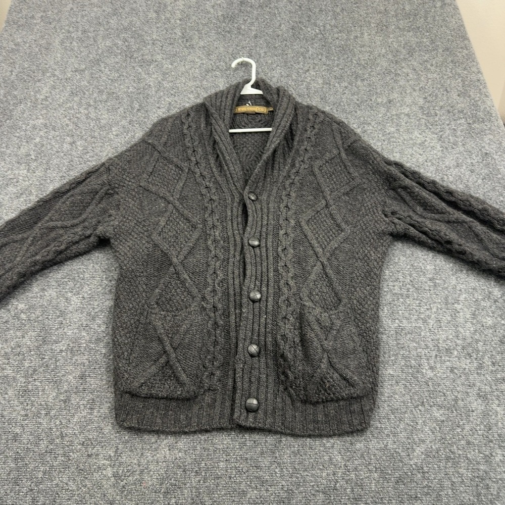 Inis Crafts Cardigan Mens L Gray Merino Wool Cable Knit Shawl Collar Classic